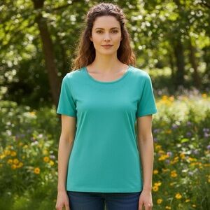 French Navy Turquoise Green Teal Embroidered Short Sleeve Top Cottage - Sz M